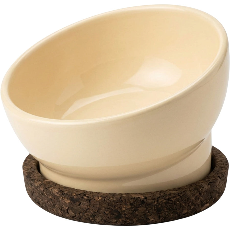 Hjxwd Tilted Ceramic Pet Bowl with Cork Base 18 oz Cream